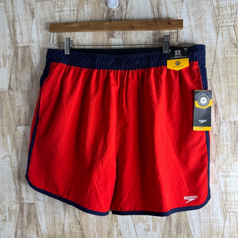 Speedo Mens Swim Trunks Red Navy Blue Elastic Waist Drawstring XL